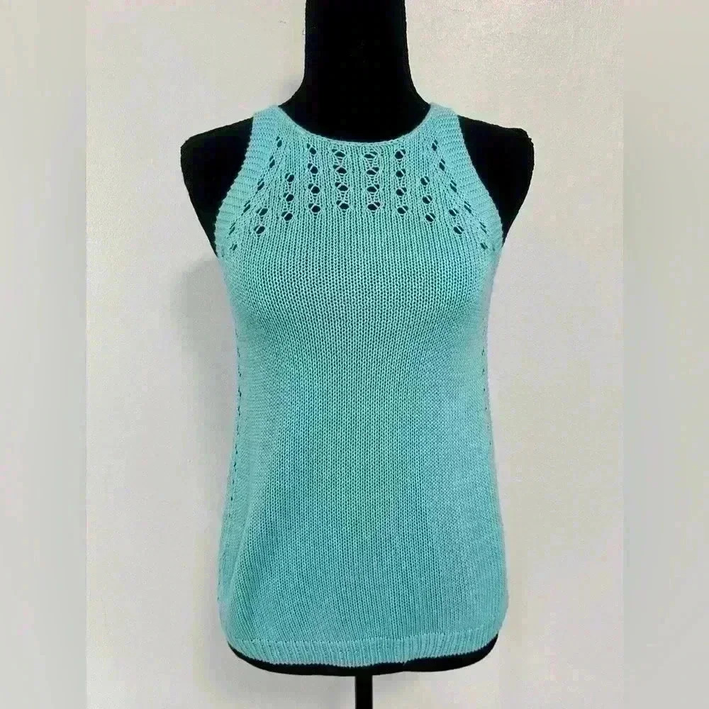 Lilly Pulitzer Aqua Blue Knit Tank Top Sleeveless Crochet Detail Size XS